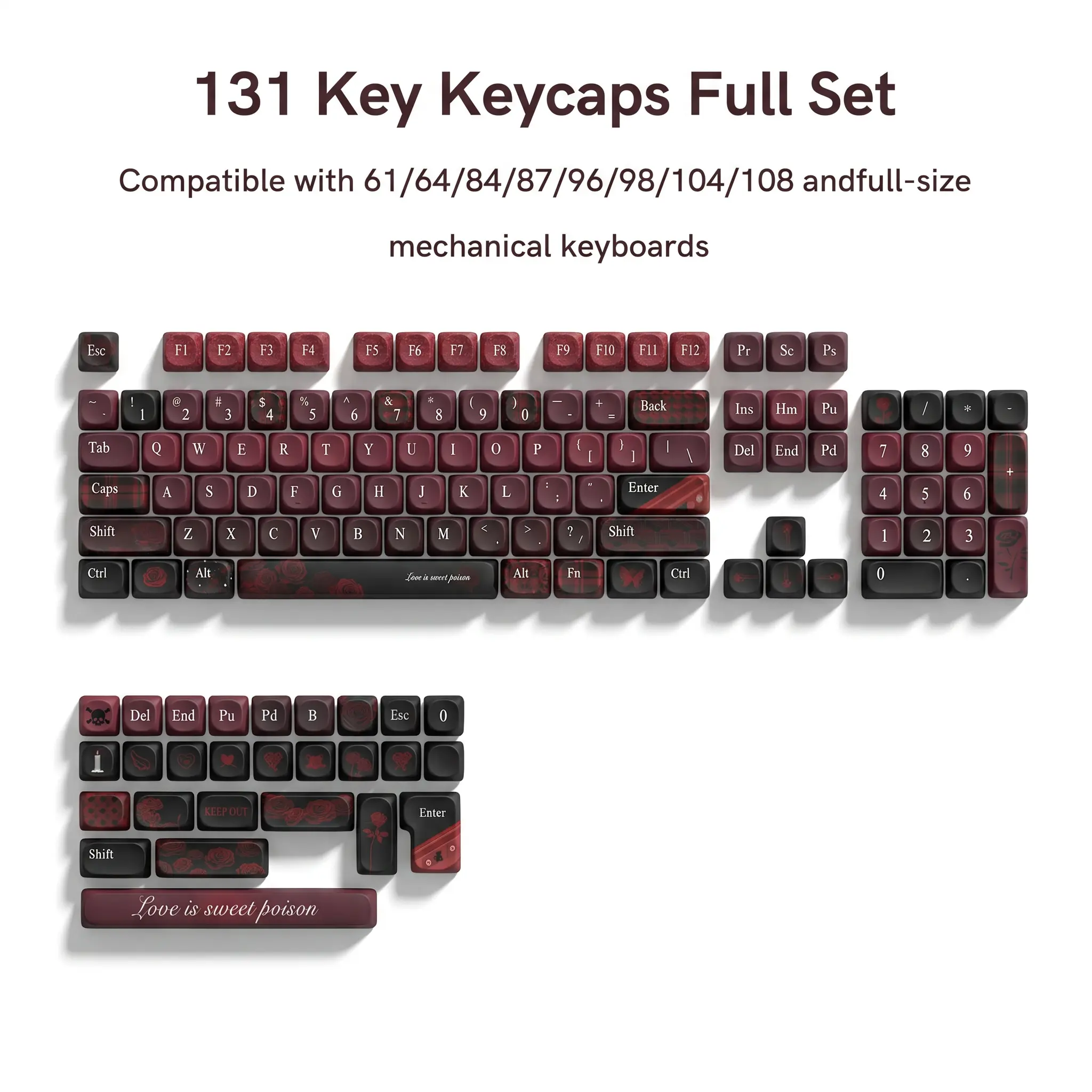 Womier Durable PBT Keycap Full Set, 131-Keys MOA Profile Rose Art Dye-Sub Print Custom Keycaps for Cherry MX Switch US Layout Mechanical Keyboards