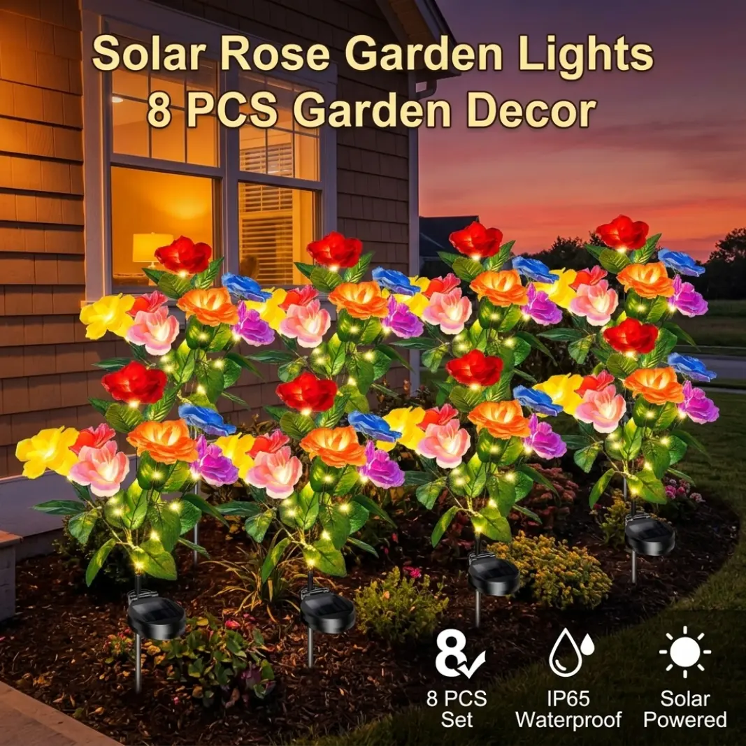 8 Pack Solar 7-Head Rose Garden Lights, IP65 WaterproofOutdoor Decor