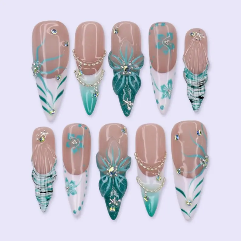 ES25 Tiffany Blue Floral Press-On Nails, Plaid French Tip Design, 3D Crystal Flower Charm, Handmade Elegant Luxury Nail Art, Chic Glam Press Ons