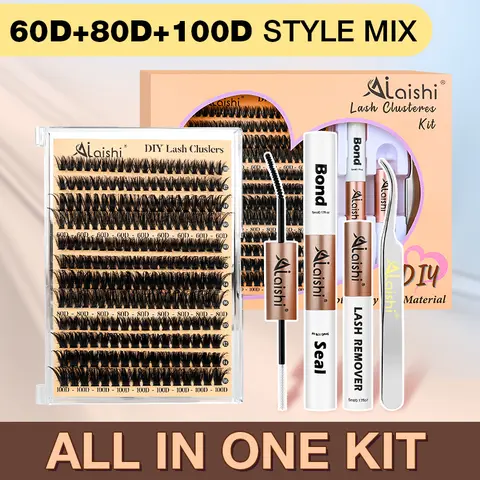 Ailaishi Multi-Type Lash Cluster Kit - 60D-200D DIY Volume Clusters for Adults, Nature-Infused Dramatic Lashes, Mixed Styles, Includes Bond & Seal, Remover, Tweezers, Long-Lasting Makeup Products Set
