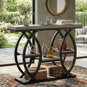 39.4" Industrial 4-Tier Console Table, Rustic Brown Narrow Wood Accent Table, Sofa Table & Entryway Table for Living Room Hallway Foyer, Sturdy Multi-Tier Side Table, Modern Home Furniture