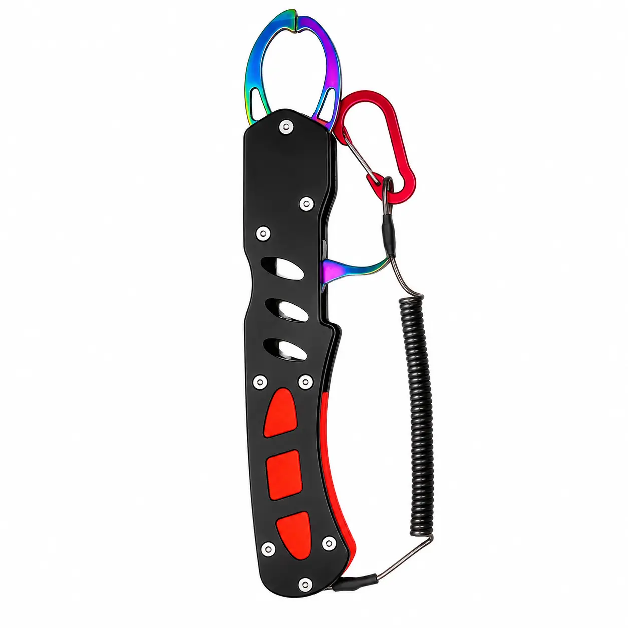Aluminum Fish Gripper, Rainbow Titanium Plated Fish Lip Gripper with 46mm Wide Opening, Anti-Corrosion Fish Holder with Safety Lanyard for Freshwater & Saltwater Fishing