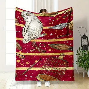 Harry Potter Themed Flannel Blanket, with red and gold contrasting stripes as the background, printed with classic elements such as the beloved Hedwig, Nimbus series broomsticks, Dumbledore's Elder
