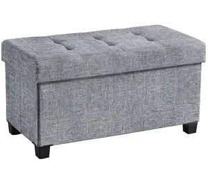 Collapsible Large Storage Ottoman Bench with Tufted Lid & Floor Protectors, Durable Linen Fabric, 400 lbs Support