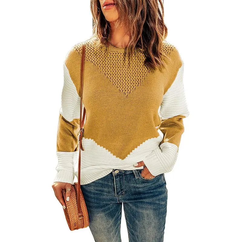 Womens Crochet Crewneck Long Sleeve Pullovers Color Block Tunic Ribbed Sweaters Jumper Tops