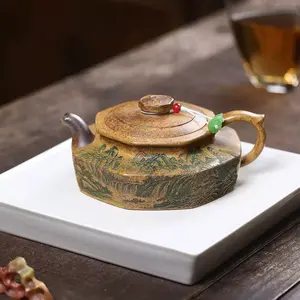 Yixing Zisha Teapot Masterpiece Raw Ore Dragon Bone Gold Sand High Temperature Wood Fire Handmade Guanshan Full Carving Huating Tea Pot 250cc Perfect Teapot