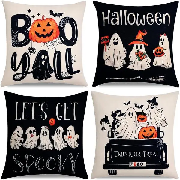 Hongsome Ghost Motif Halloween Decor Throw Pillow Covers - 18x18 in Set of 4, Gothic Look Linen Cushion Cases with Hidden Zipper for Couch, Fall Home Décor (Burnt Orange, Black, White)