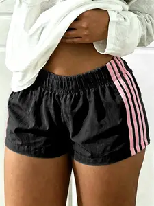 Women's Side Stripe Quick-Dry Breathable Gym Shorts, Athleisure Shorts, Summer Retro Casual Loose Fit Elastic Waist Wide Leg Pants