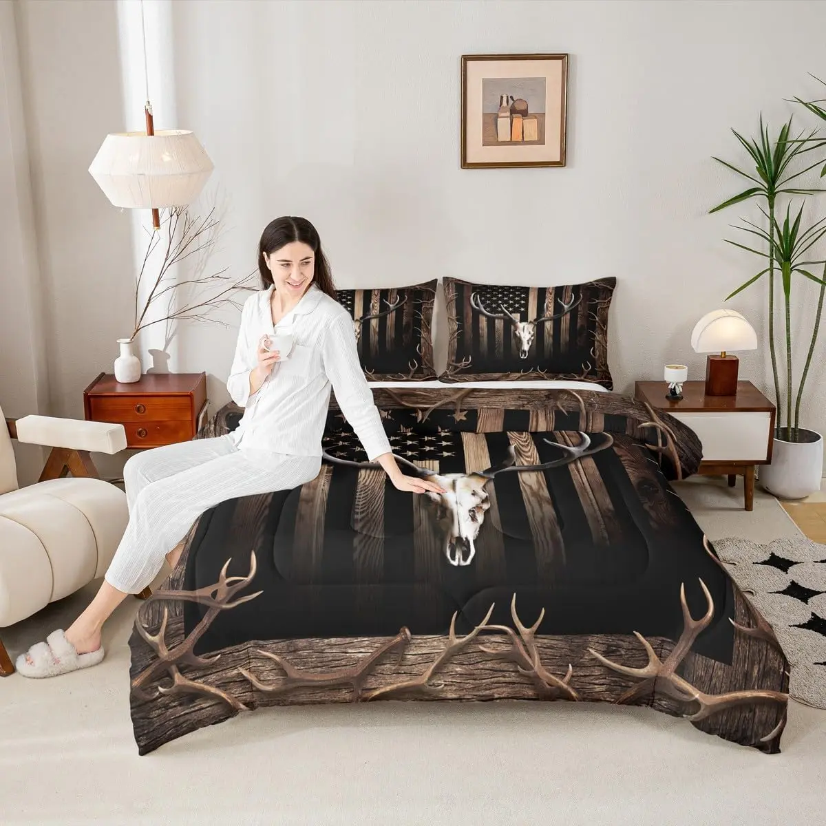 Deer Skull Comforter Set,American Flag Bedding Set,Hunting Animals Elk Antlers Quilt Set Men Adult Room Decor,Rustic Cabin Wood Stripes Duvet Insert,Black Brown