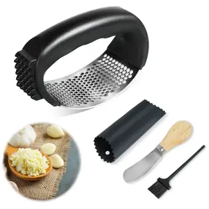Garlic Press Rocker Set with Garlic Peeler & Cleaning Brush,Stainless Steel Garlic Mincer Crusher,Easy Kitchen Gadget for Effortless Smashing,Kitchen Essentials,Home and Kitchen Utensils Accessories