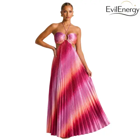 Women’s Blush Pink Gradient Pleated Satin Halter Neck Off-Shoulder Sleeveless Cutout Backless Tie-Back Maxi Dress - Chic, Glamorous Style Wedding Attire for Night Out