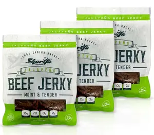 Sharifa Halal Beef Jerky, Jalapeno, (3) 2.85 oz. Bag – Great Everyday Halal Jerky Beef Meat Snack, 100% Real Zabiha Halal Beef, 13g of Protein, 70 Calories, 0g Trans Fat, & 2g of Carbohydrates