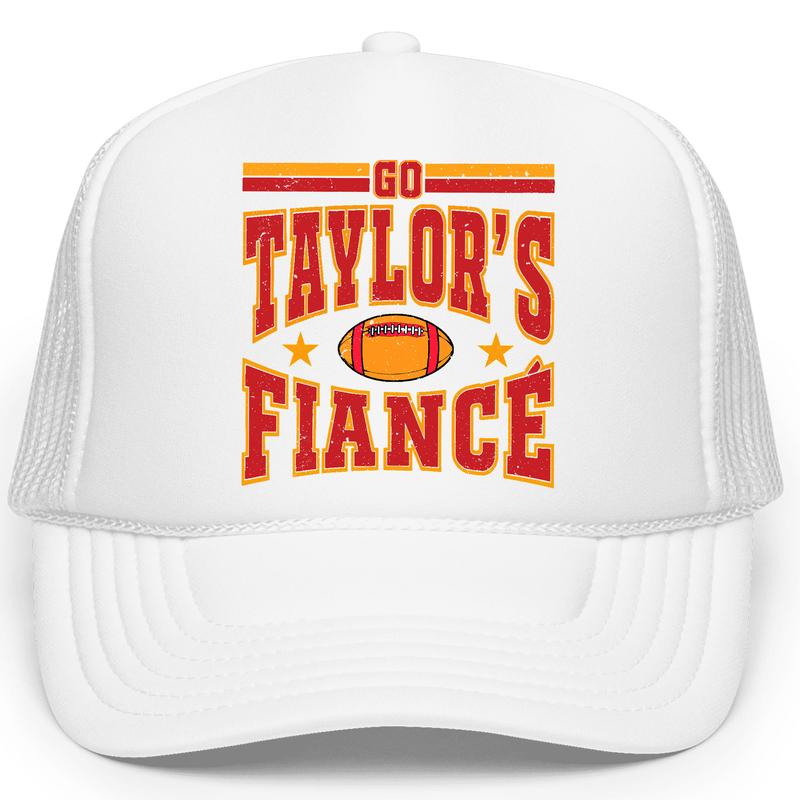 Go Taylor's Fiancé Football Season Trucker Hat - Kansas Football Red and Gold Cap - Funny Travis Fan Snapback for Women and Teens