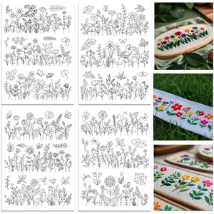 4 Sheets 12 count Water Soluble Embroidery Patterns Stabilizers - Pre-Printed Wildflowers & Flowering Shrubs Designs - Stick & Stitch Embroidery Paper for Hand Sewing Lovers