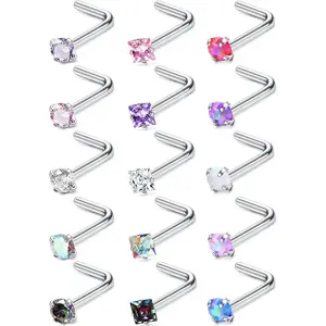 Low sensitivity nose ring 18G 20G surgical stainless steel nose ring screw L-shaped screw ring cubic zirconia nose ring lip corner pungent jewelry for men and women