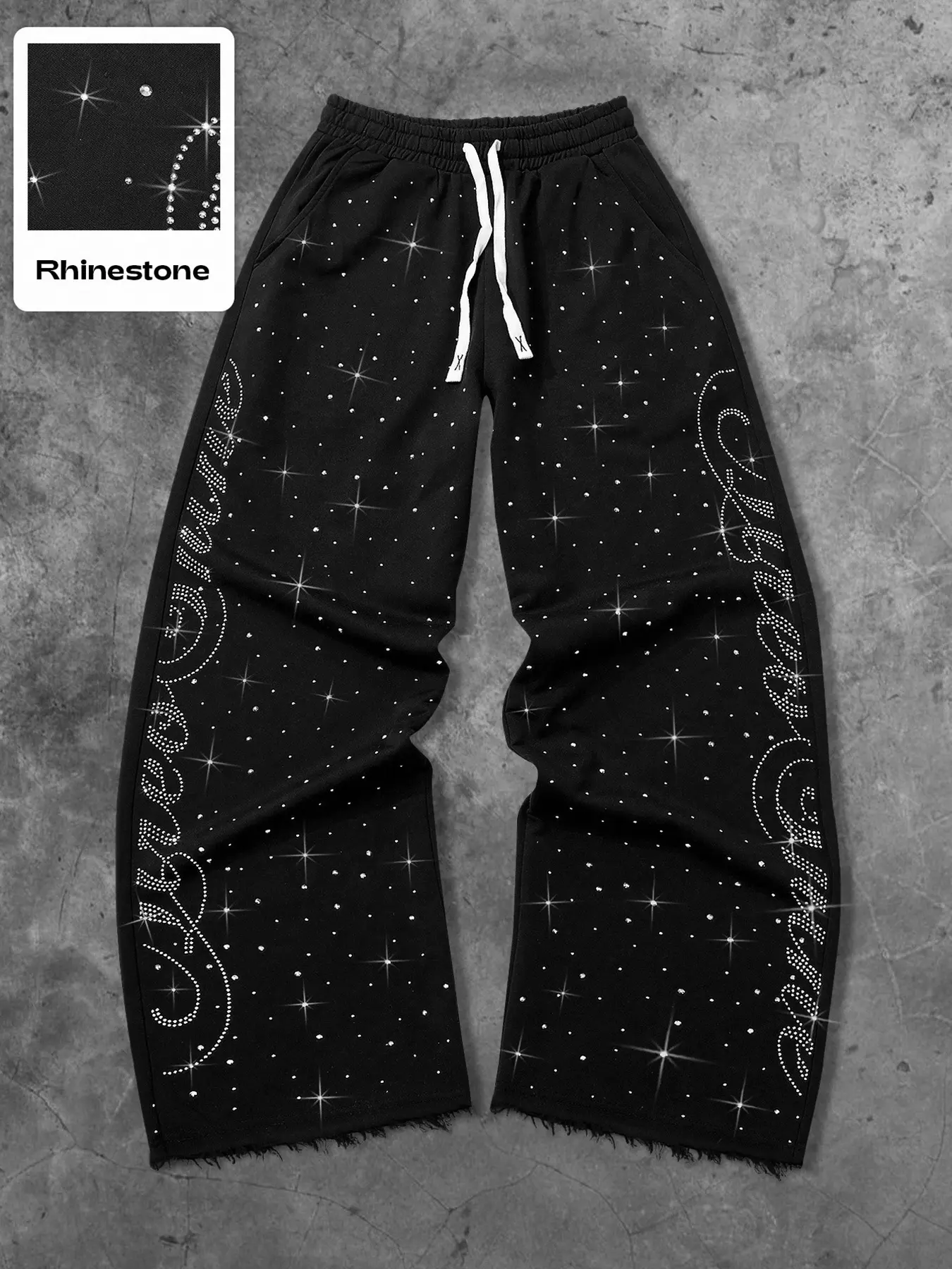 Men's Summer Drawstring Waist Sport Pants, Unique Rhinestone Letter Design, Trendy Straight Leg Joggers, Casual Outdoor Wear, Tracksuit Pants, Casual Sports Trousers