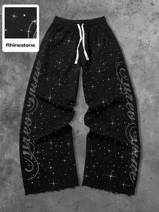 Men's Summer Drawstring Waist Sport Pants, Unique Rhinestone Letter Design, Trendy Straight Leg Joggers, Casual Outdoor Wear