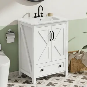 Bathroom Vanity with Sink Ceramic, Freestanding Bathroom Sink Cabinet with Drawer, Farmhouse 2 Barn Doors Bathroom Vanity for Balcony Laundry