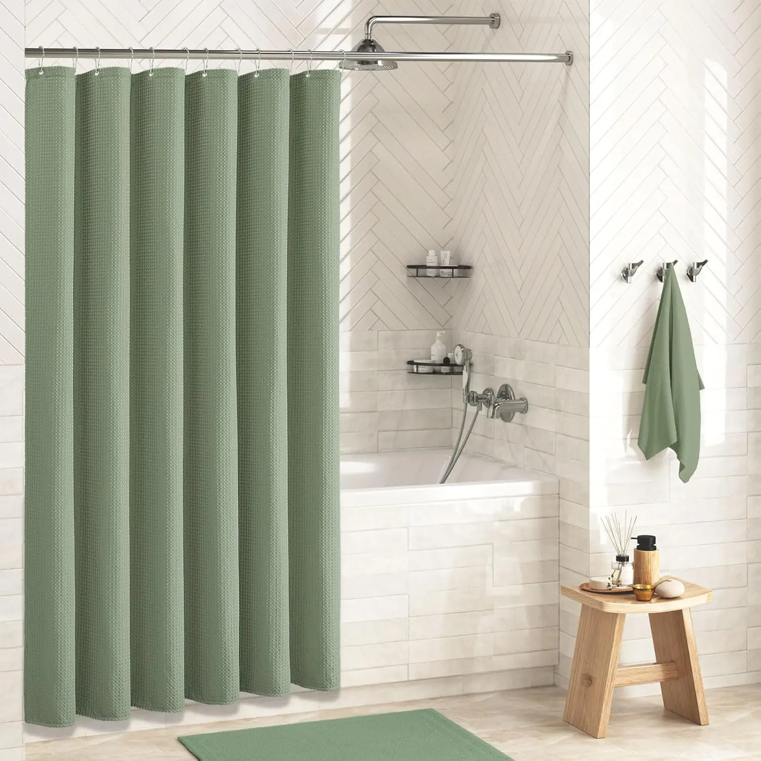 Green Shower Curtain - Waffle Textured Heavy Duty Thick Fabric Shower Curtains for Bathroom, 256GSM Luxury Weighted Polyester Cloth Bath Curtain Set with 12 Plastic Hooks，72Wx72H,Green
