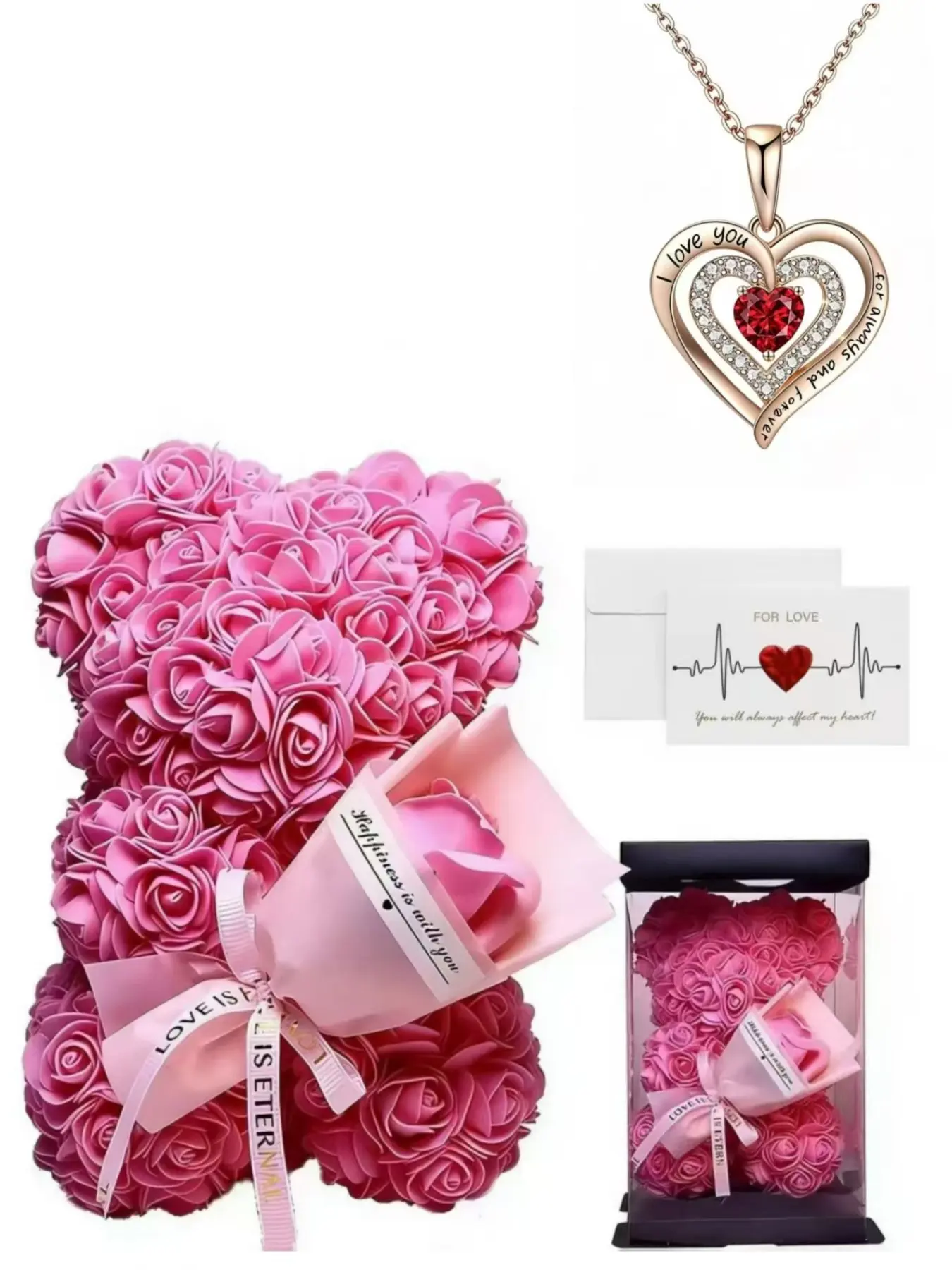Handmade Rose Bouquet Bear Stone Heart Necklace, Ecg Card for Mother's Day, Valentine's Day Gift for Mom, Girlfriend, Best Friend, Flower Bouquet Necklace