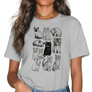 Vintage Cat Sketch Line Art Graphic Tee Hand Drawn Kitten Print Short Sleeve T-Shirt Aesthetic Pet Lover Top Casual Unisex Crewneck Clothes For Daily Wear