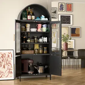 Aobabo 72.8" Arched Metal Cabinet with Glass Doors, Tall Black Display Storage for Living Room Dining Room, Modern Industrial Bookshelf with 4 Doors & Adjustable Shelves, Freestanding Steel Curio Cupboard for Home Office