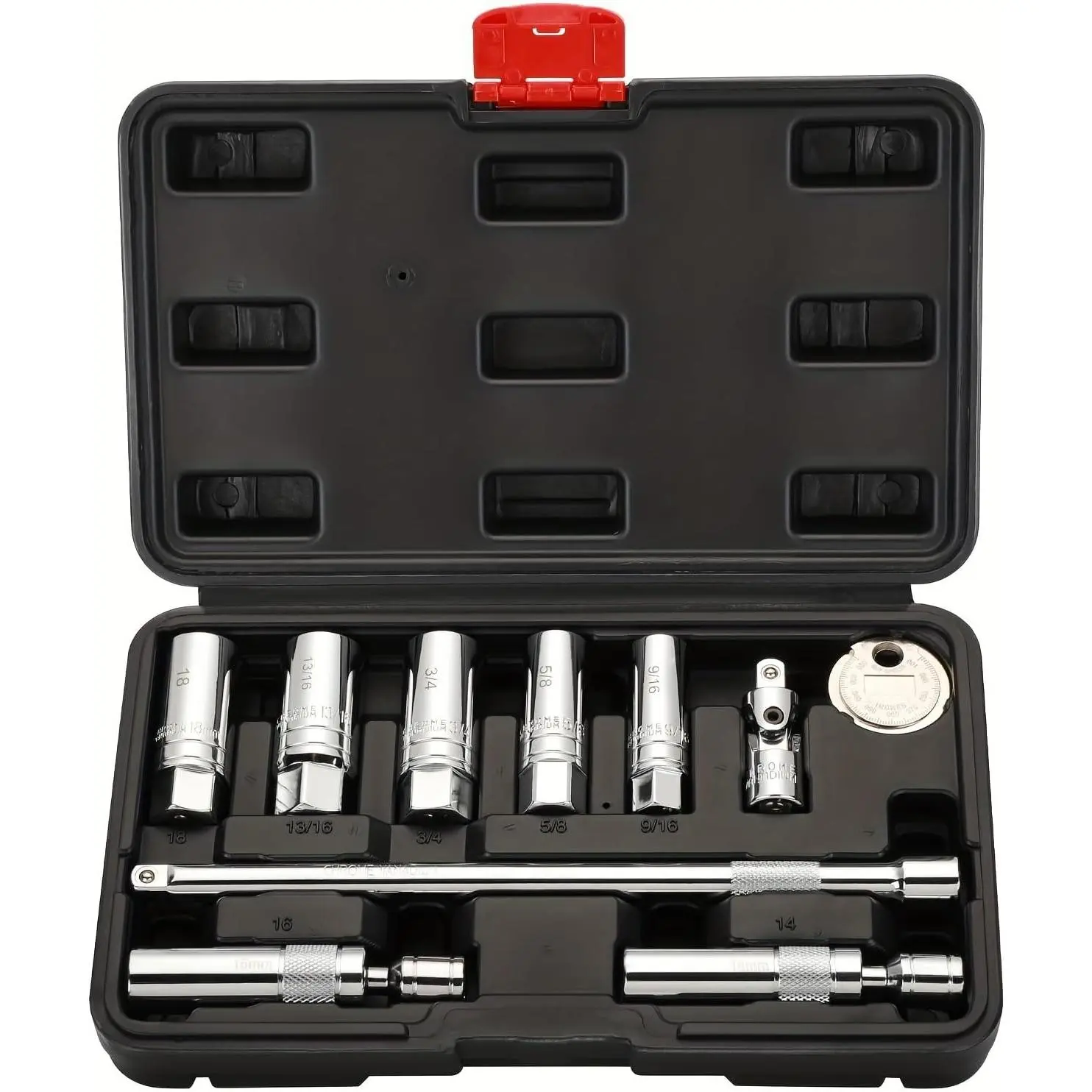 10Pcs 3/8" Drive Spark Plug Socket Set with Universal Joint, Spark Plug Gapper and 10" Extension Bar, SAE & Metric 9/16”, 5/8", 18mm, 3/4", 13/16" sockets, and 14mm, 16mm Swivel Sockets