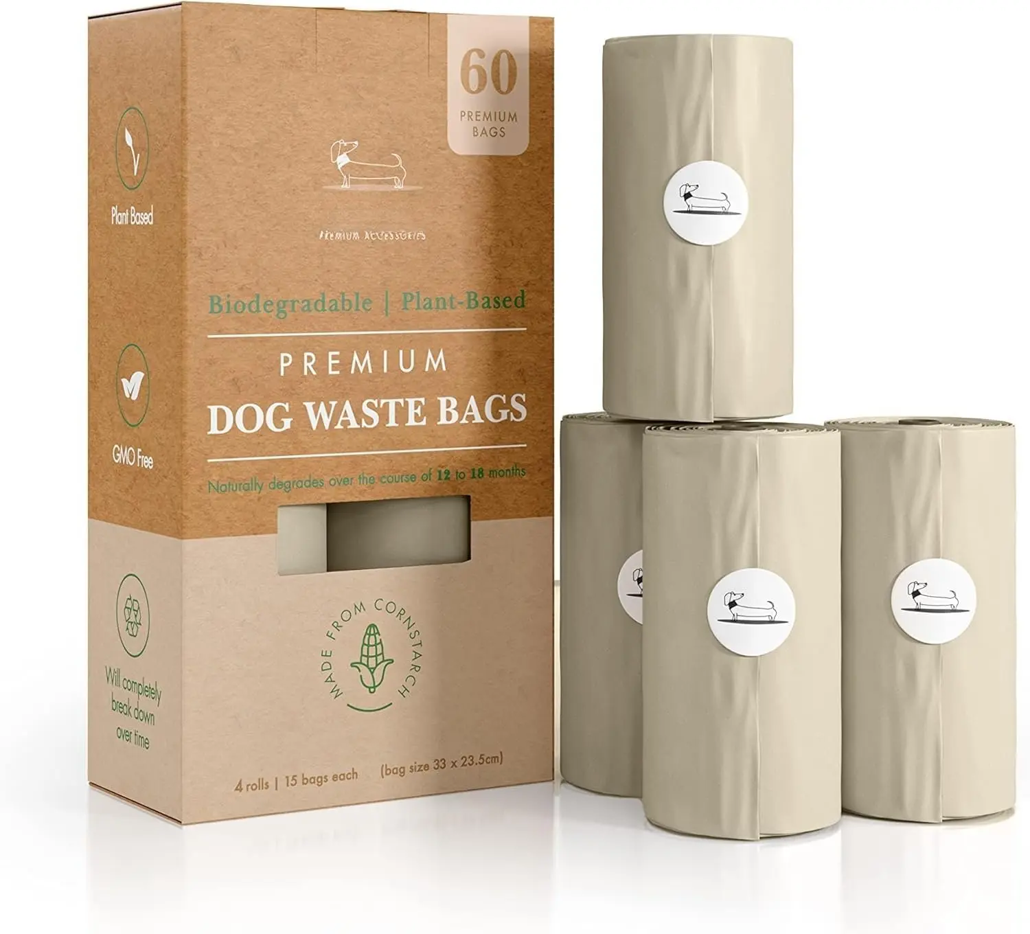 Certified  Compostable and Biodegradable  Poop Bags - ASTM D6400 & EN 13432 Compliant   Bags  60 Bags  4 x Rolls of  Based Compostable Poop Bag