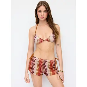 Cider Halter Neckline Wave Triangle Tie Side Bikini Set With Cover Up Shorts