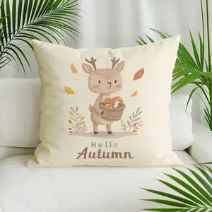 Deer holding basket with hello autumn text Pillow Cover , Machine Washable, Contemporary Style, Mixed Colors, Perfect Gift for Home & Friends, Ideal for Bedroom & Living Room Decor,Cozy Home Accessory, Playful Design