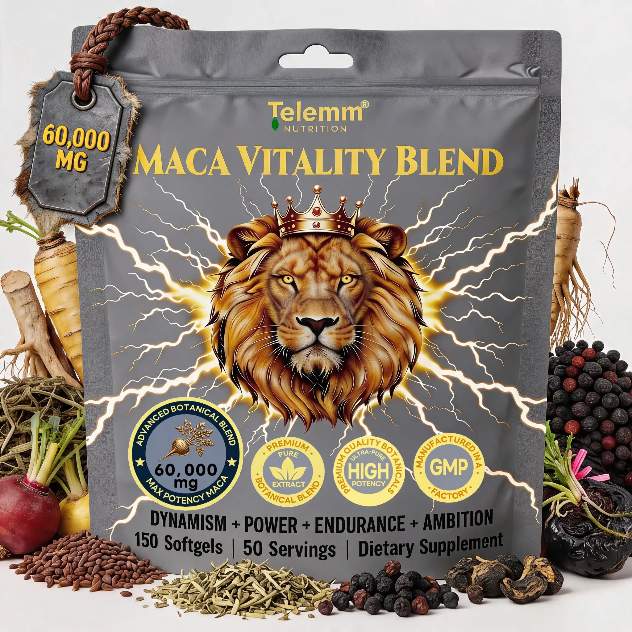 Telemm 8-in-1 High Potency Adaptogen Blend | Triple Maca, Shilajit, Ashwagandha & Panax Ginseng | 150 Count