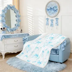 Cute Blue Ribbon Bowknot Fleece Blanket Baby Princess Love Heart Sherpa Blanket Bow Tie Fuzzy Plush Throw for Kids Boys Girls,Blue Stripes Decor for Bed Couch