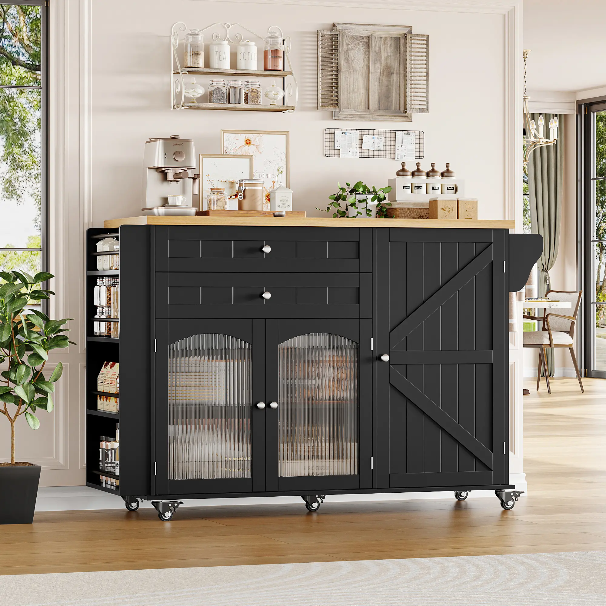 [Mother's Day Gift] FOTOSOK 43.3" W Kitchen Island with 2 Drawers, Rolling Kitchen Island on Wheels with Wood Drop Leaf Countertop, Kitchen Cart with Spice Towel Rack