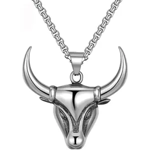 Bull Head Necklace for Men, Stainless Steel Silver Long Chain Trendy Cool Western Animal Cattle Horns Bull Pendant Necklace For Husband Boyfriend Dad Cowboy Xmas Gift Waterproof Non Tarnish Jewelry Y2K Emo Accessories
