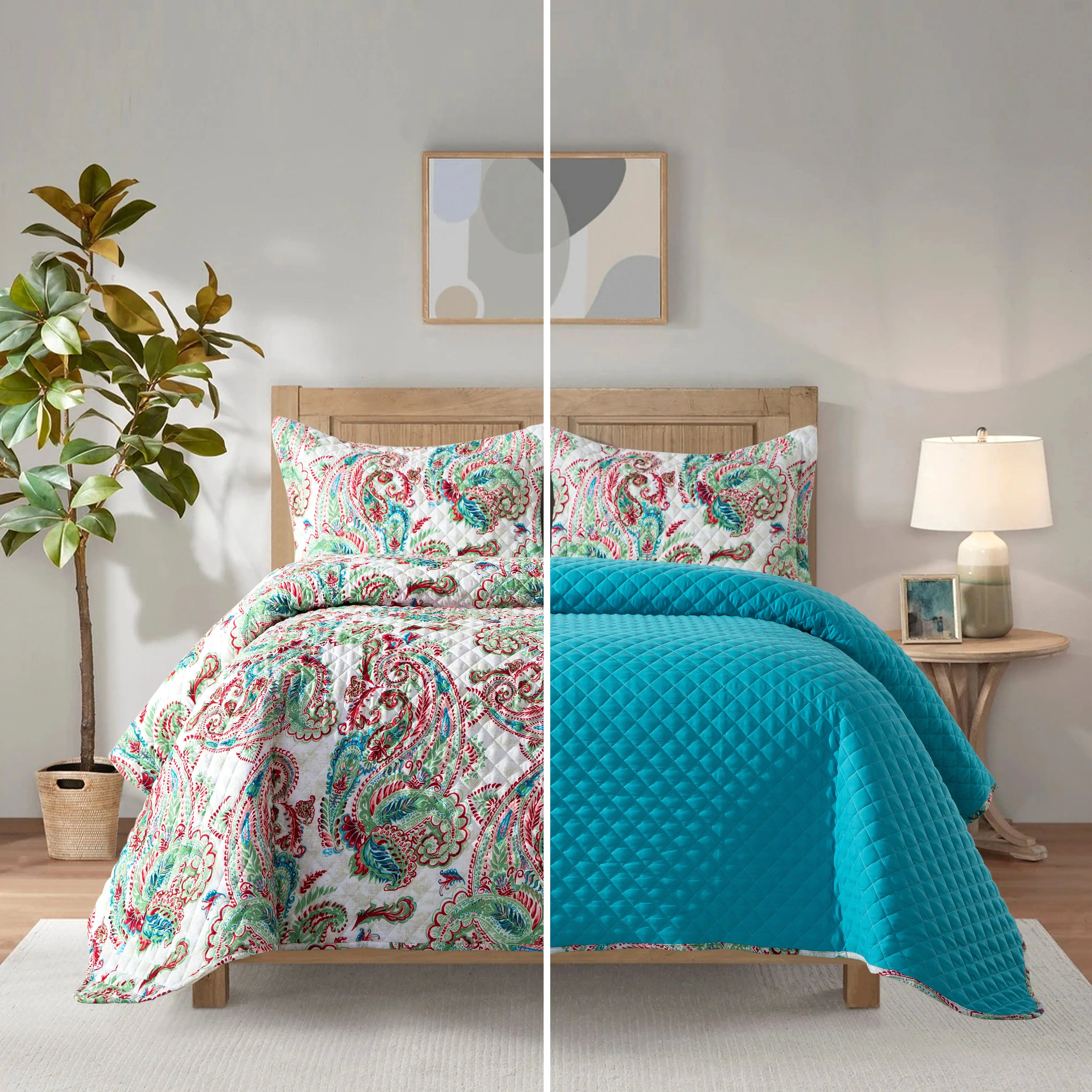 Mocassi 3-Piece Reversible Paisley Pattern Quilted Bedspread Coverlet Set, Hotel Premier Finish Bed Comforter Set for Bedding