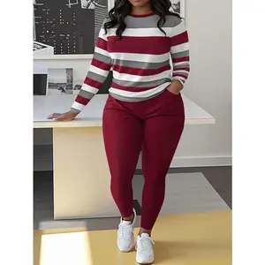 Plus Size Color Block Crew Neck Top & Solid Color Pants Set - Women's Casual Outfits Clothes Knit Long Sleeve CrewneckGift