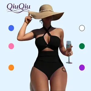 Women Drawstring One-piece Swimsuit High Waisted Bandeau Halter Bathing Suit for Monokini