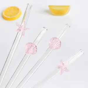 Reusable Glass Straws Set, Ocean Series Starfish & Shell Design, Heat Resistant, Includes Cleaning Brush, Perfect for Parties & Gifts, Drinking Straw
