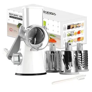 Rotary Cheese Grater Cheese Shredder - R ound Mandoline Slicer Vegetable Slicer Waln uts Grinder with Strong-Hold Suction Cup Ba se and Cleaning Brush