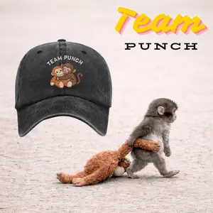 Team Punch Monkey  Hat – Cute Hugging Monkeys Embroidered Cap – Funny Animal Hat – Vintage Washed Baseball Cap – Gift for Monkey Lovers