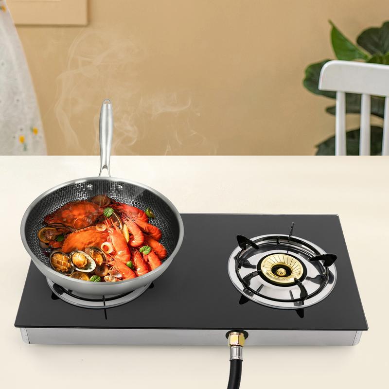 2-Burner LPG Gas Stove 3.5KW 11995BTU/hr Tempered Glass Countertop for Home Commercial Kitchen Aluminum Ceramic Stainless Steel Pans Safety Lock Easy to Clean