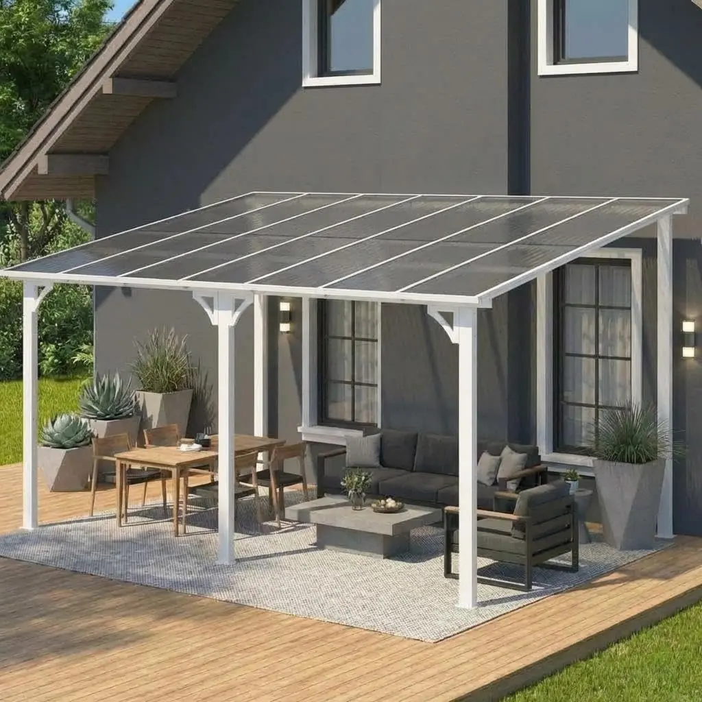 10x14Ft Wall Mounted Gazebo, Hard Top Lean to Gazebo Pergola with Roof & Gutters, Large Wall-Mounted Heavy Duty Awnings, Outdoor Gazebo for Patio, Deck, Porch, Backyard, White