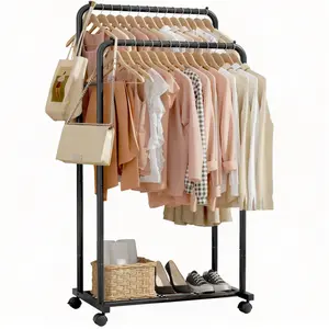 Iron Double-Bar Freestanding Clothes Rack, Black, Heavy-Duty, Adjustable & Space-Saving