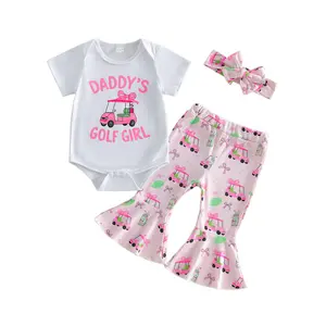 Newborn Baby Girl Golf Outfit Daddys Golf Girl Romper Onesie Flared Pants Headband Infant Summer Clothes 0-18M y2k