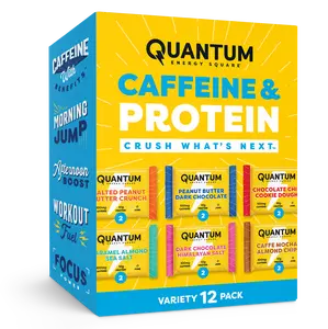 Quantum Energy Square Healthy Protein Energy Bars Variety 12Pk Snack - Organic Caffeine with Balanced Macronutrients, 10g Plant-Based Protein, Vegan, Gluten-Free, Non-GMO