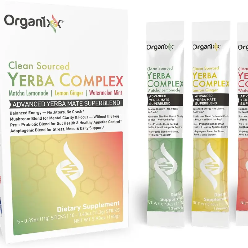 Organixx Clean Sourced Yerba Complex Nutrient-Rich Supplement, Yerba Mate Superblend Powder Drink Mix (Lemonade Variety Pack) with Ashwagandha, Natural Caffeine, Prebiotics, Probiotics, Fiber, Herbs, Dairy-Free, Gluten-Free, 15 Travel Packets