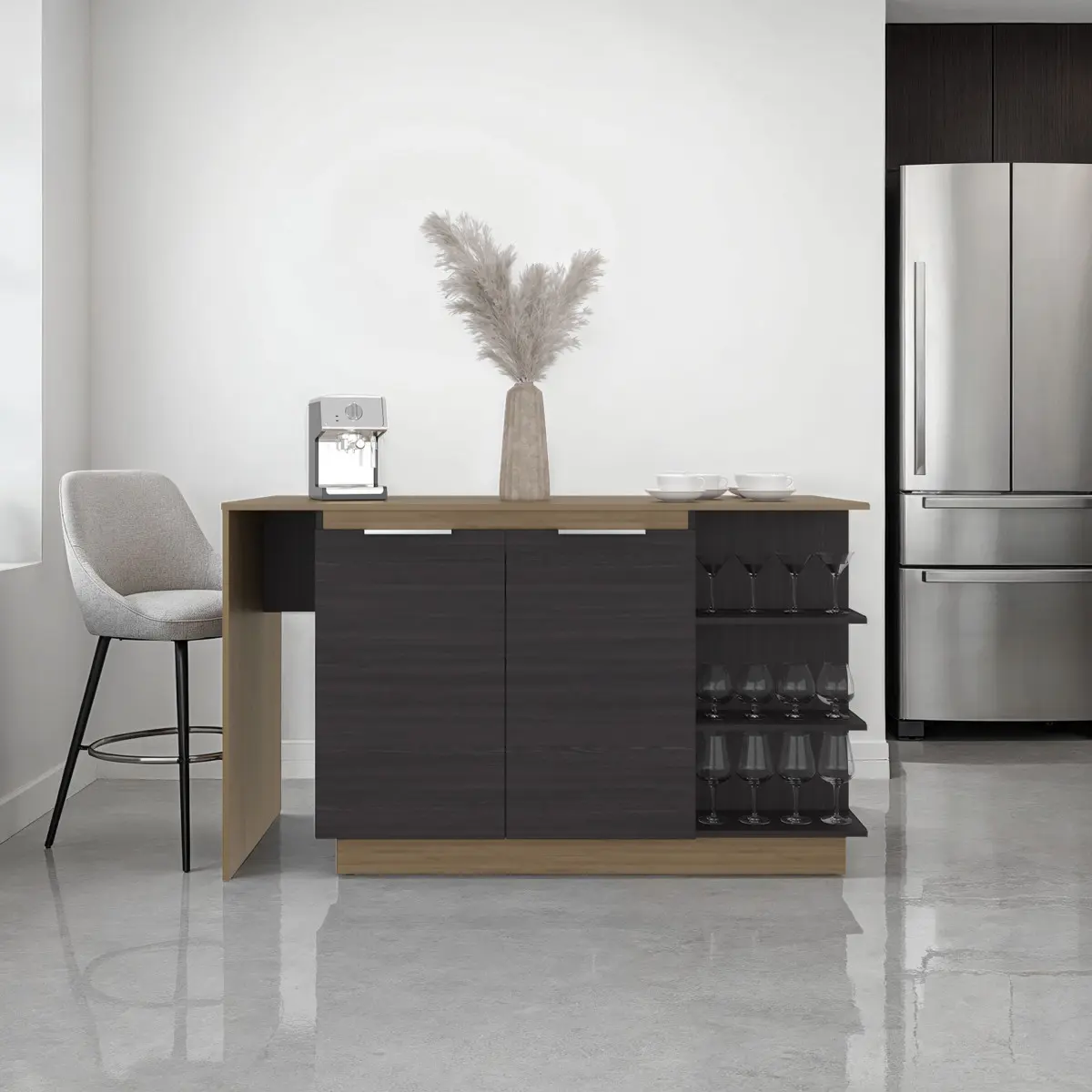 Dwight Compact Wood Kitchen Bar Counter Combo - Durable, CPSIA Compliant, with Shelves, Closed Storage Cabinets, Easy Care Wipe Clean, 102.65 lbs, 34.6" H x 59.1" W x 24.4" D, Assembly Required, Black Wengue-Natural Oak