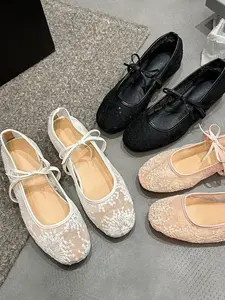 Summer New Mesh Flower Pattern Breathable Lightweight Slip-On Flat Shoes for Women, Breathable Flats, Round Toe Casual Single Shoe, Comfortable and Stylish
