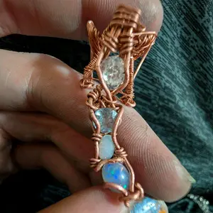 Gem Packed Mini Pendant - Double Opal, Aqua. and CZ - Copper Wire Wrap -:Handmade Jewelry