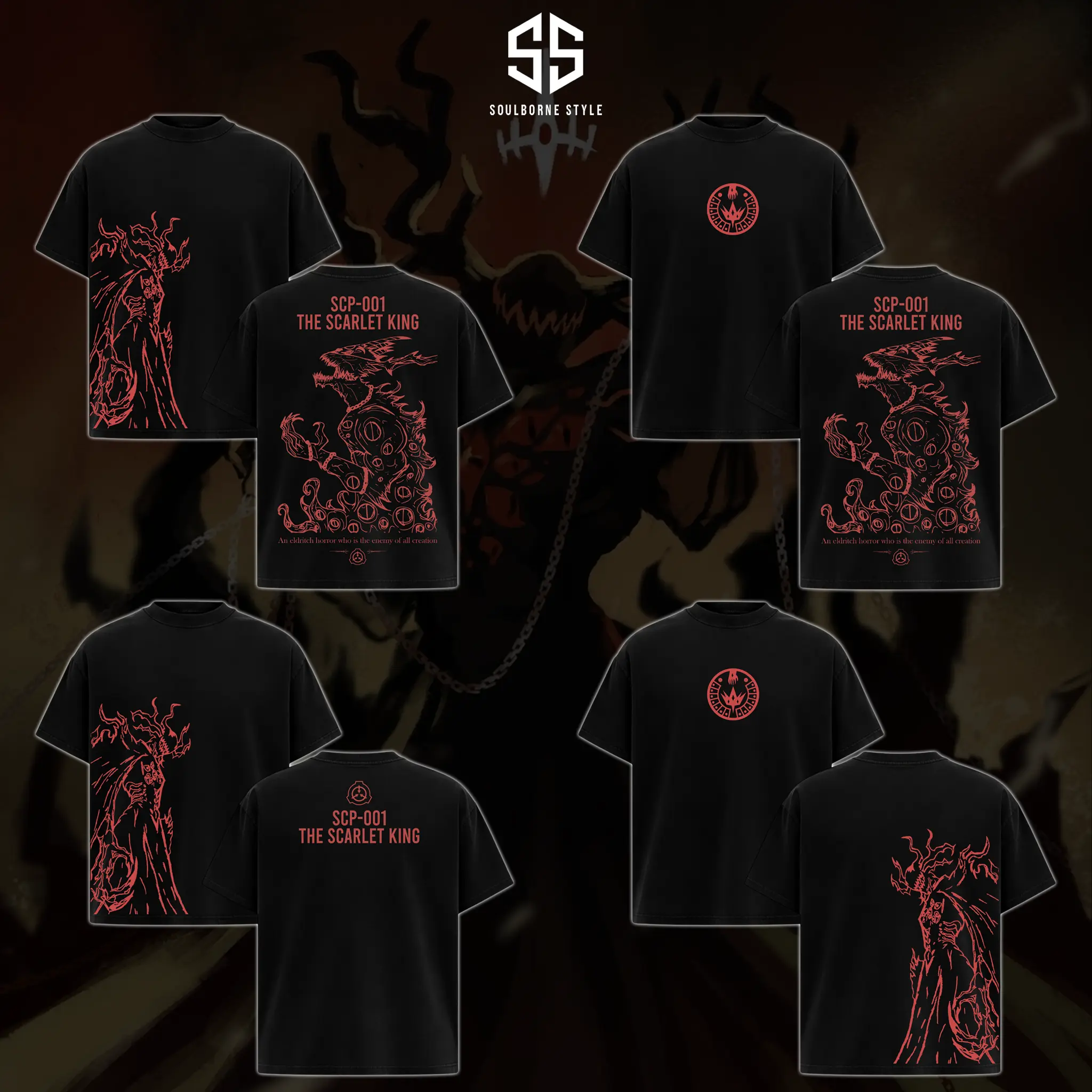 [Soulsborne Style] Vintage SCP-001 The Scarlet King T-Shirt, Retro Cosmic Horror Graphic Tee, Dark Mythology Streetwear, SCP Foundation Fan Apparel, Gift for Men & Women